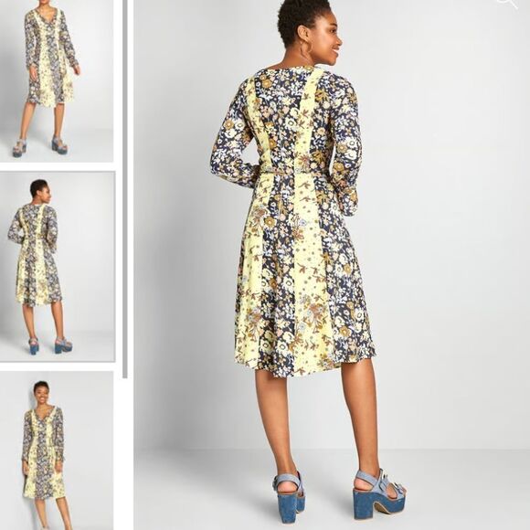 NWT ModCloth Unique Persona Midi Dress Long Sleeve Yellow Floral Dragonfly 4 - Picture 11 of 14
